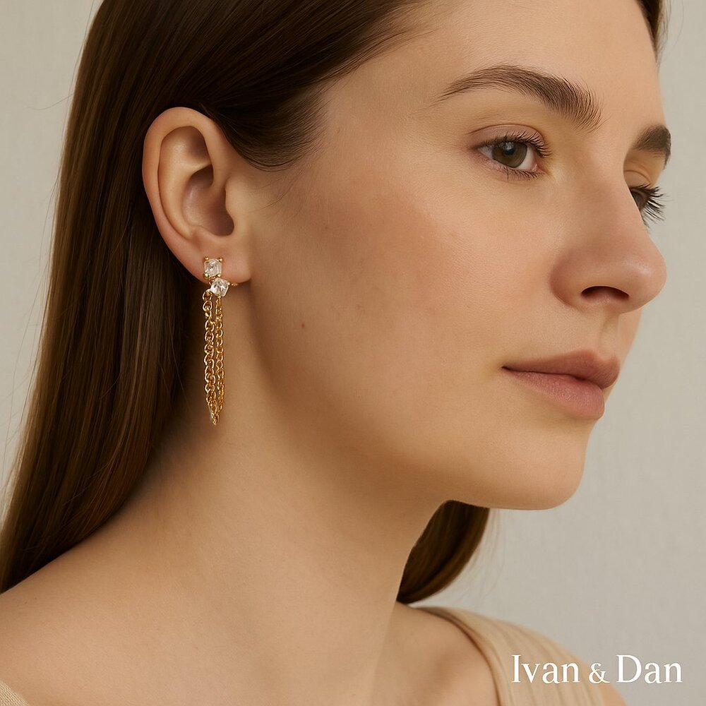 Light Gold Double-Chain Dangle Earrings, Square CZ